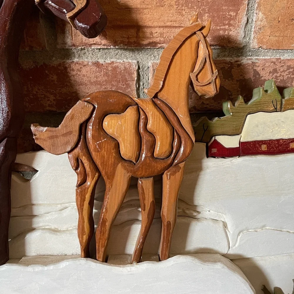 Vtg Hand Made Wooden 3D Art Puzzle Style Horses Barn Wall Hanging